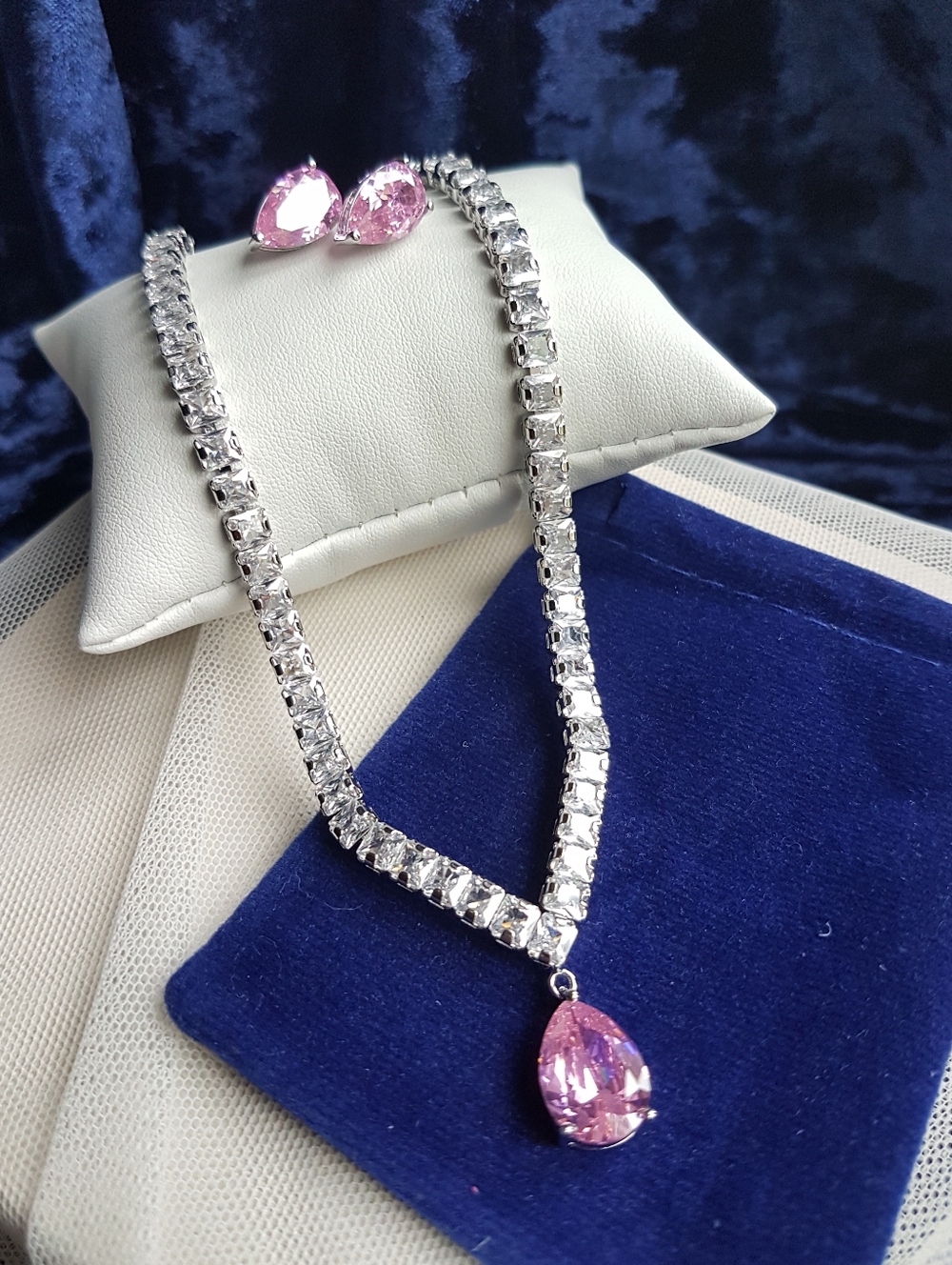 Swarovski Elements Princess Tennis Necklace with Pink Teardrop Pendant NEW